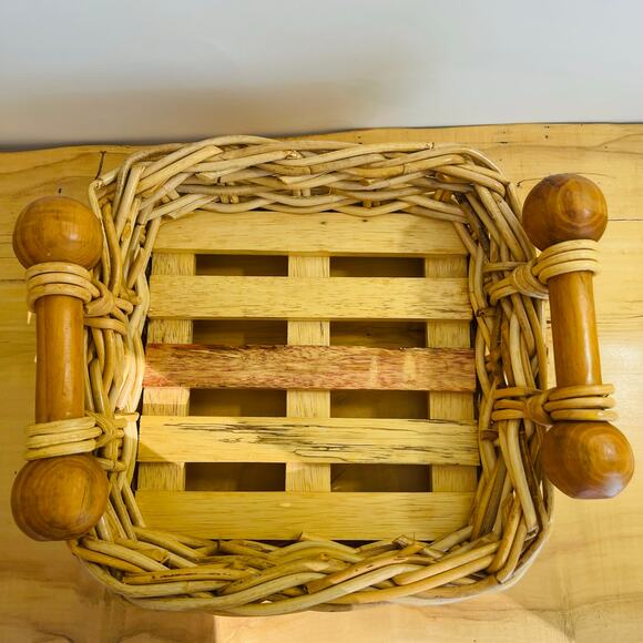 Vintage Woven Wicker Basket w/ Handles Wood Slats Bottom Decor Fruit Centerpiece - Picture 2 of 15